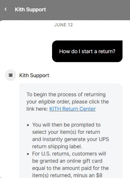 Example of a customer service chatbot from Kith support