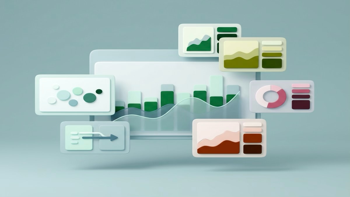 3D illustration of charts, graphs, and data panels