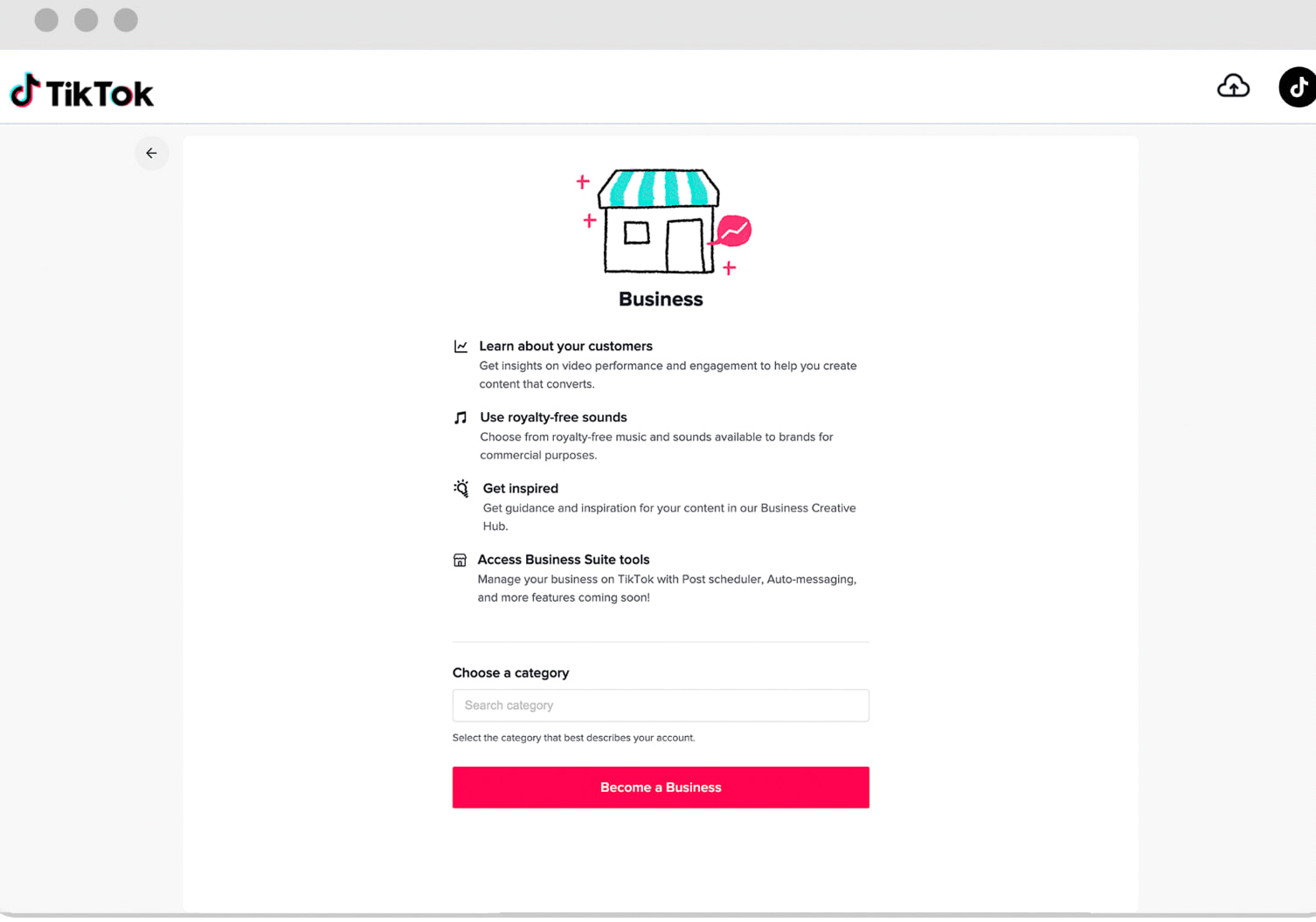 The TikTok Business registration page