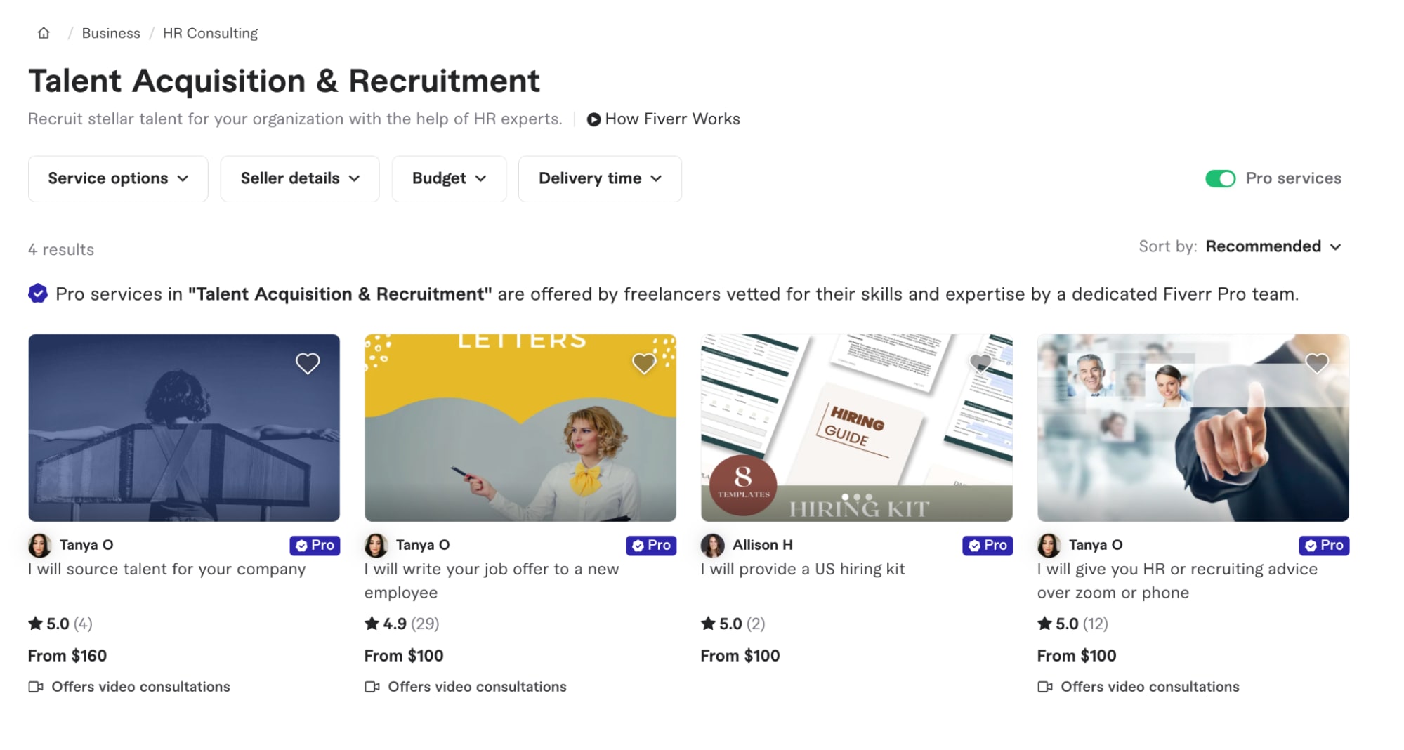 Talent recruitment service category page on Fiverr with featured Pro freelancers