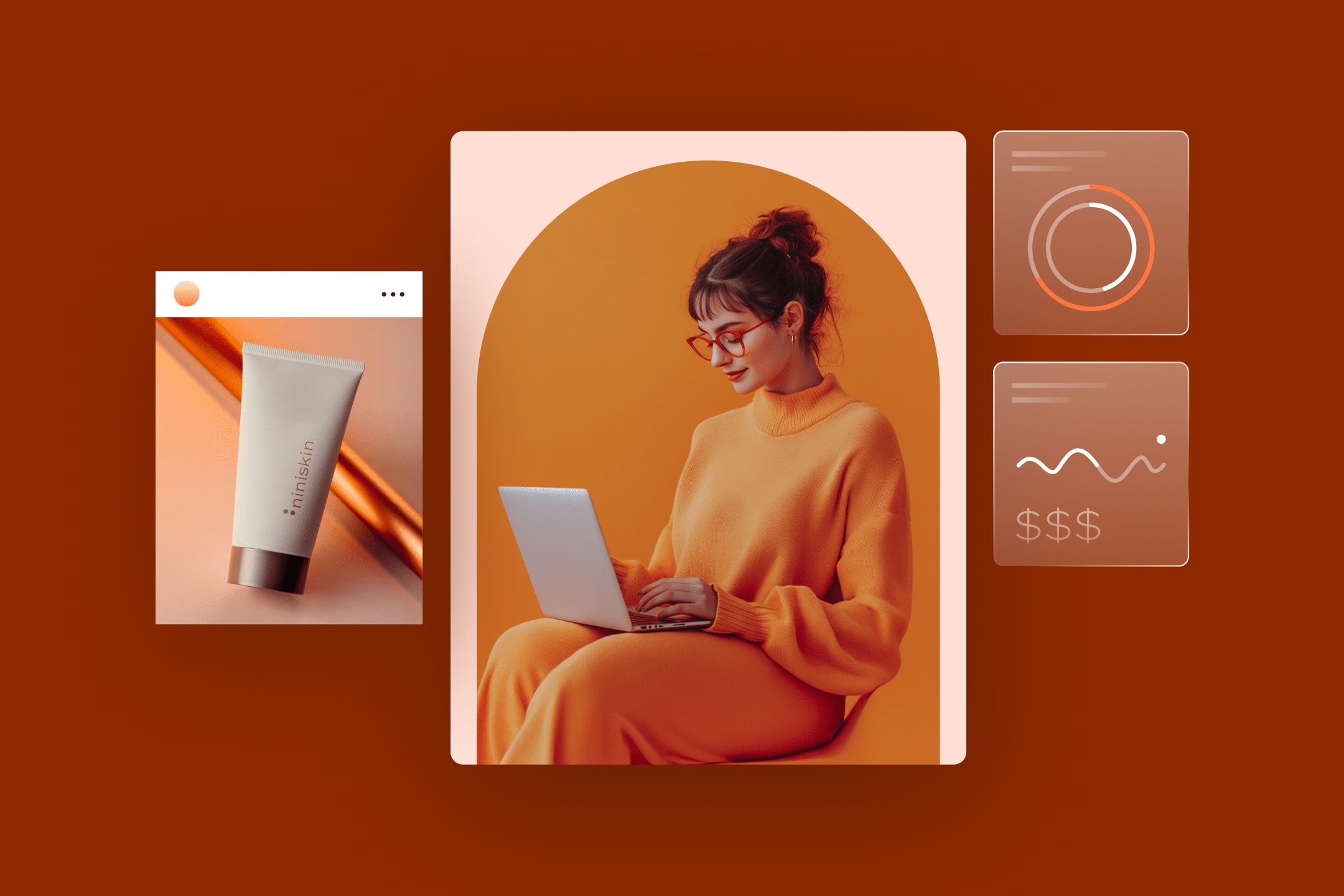 woman in an orange outfit using a laptop, surrounded by skincare product images and analytics icons