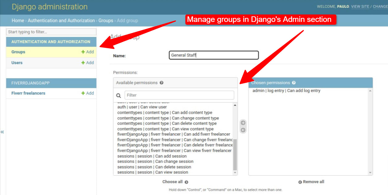 Django admin interface showing how groups are created.