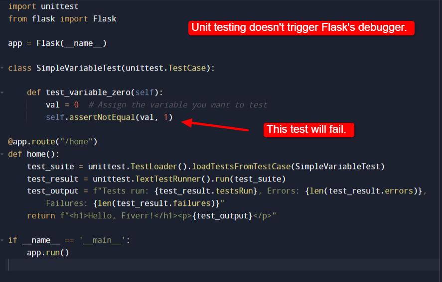 This failed unit test doesn’t trigger the debugger. 
