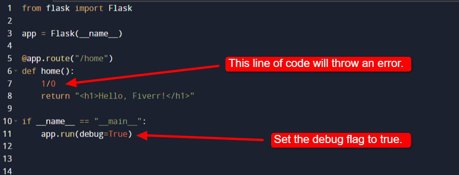 Flask code sample showing how to enable the debugger.