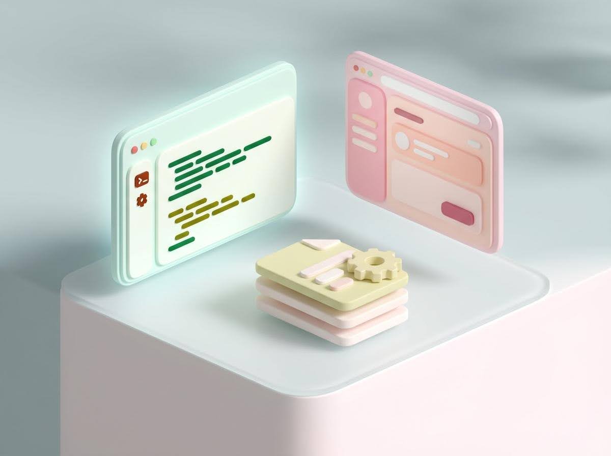 3D illustration of code and UI panels with layered app settings