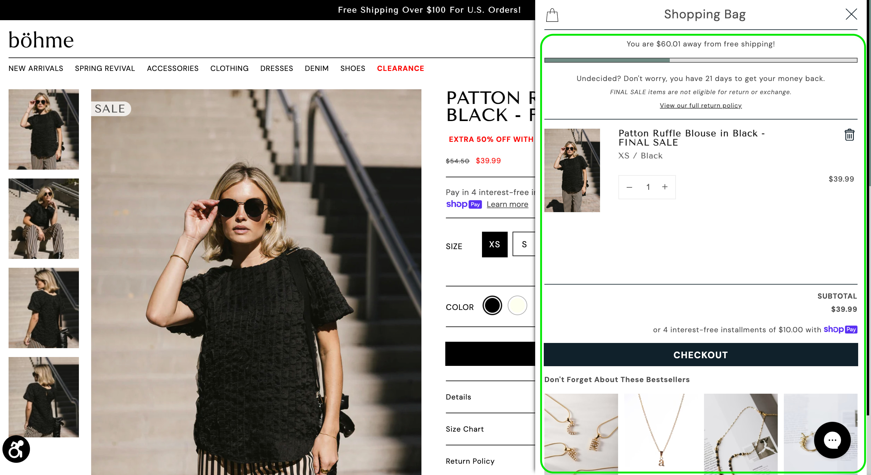 Screenshot of Böhme’s online store shopping cart with microcopy