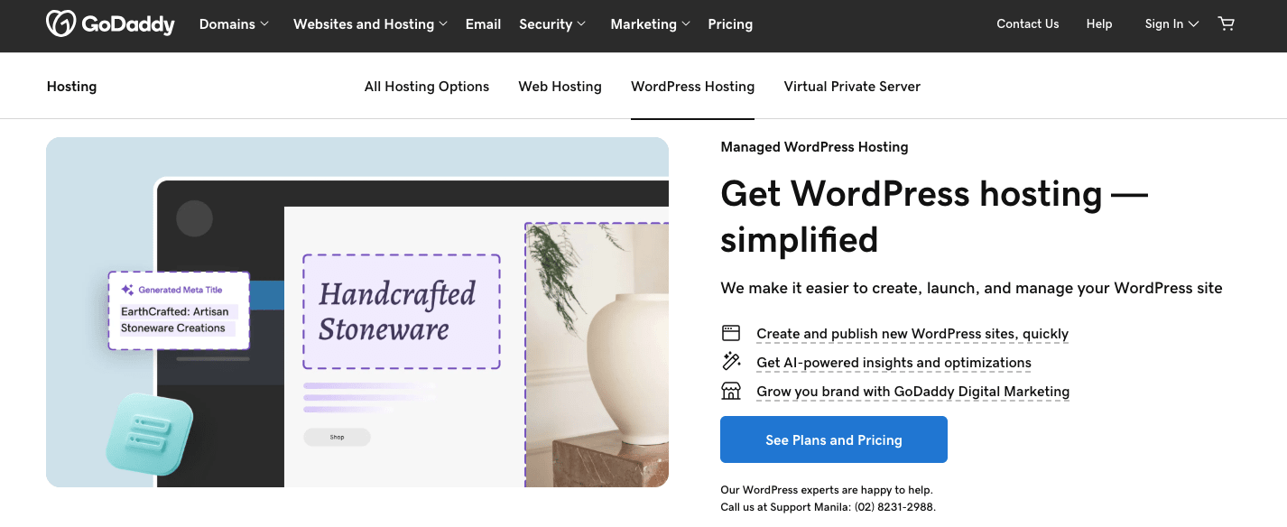 GoDaddy web page for WordPress hosting