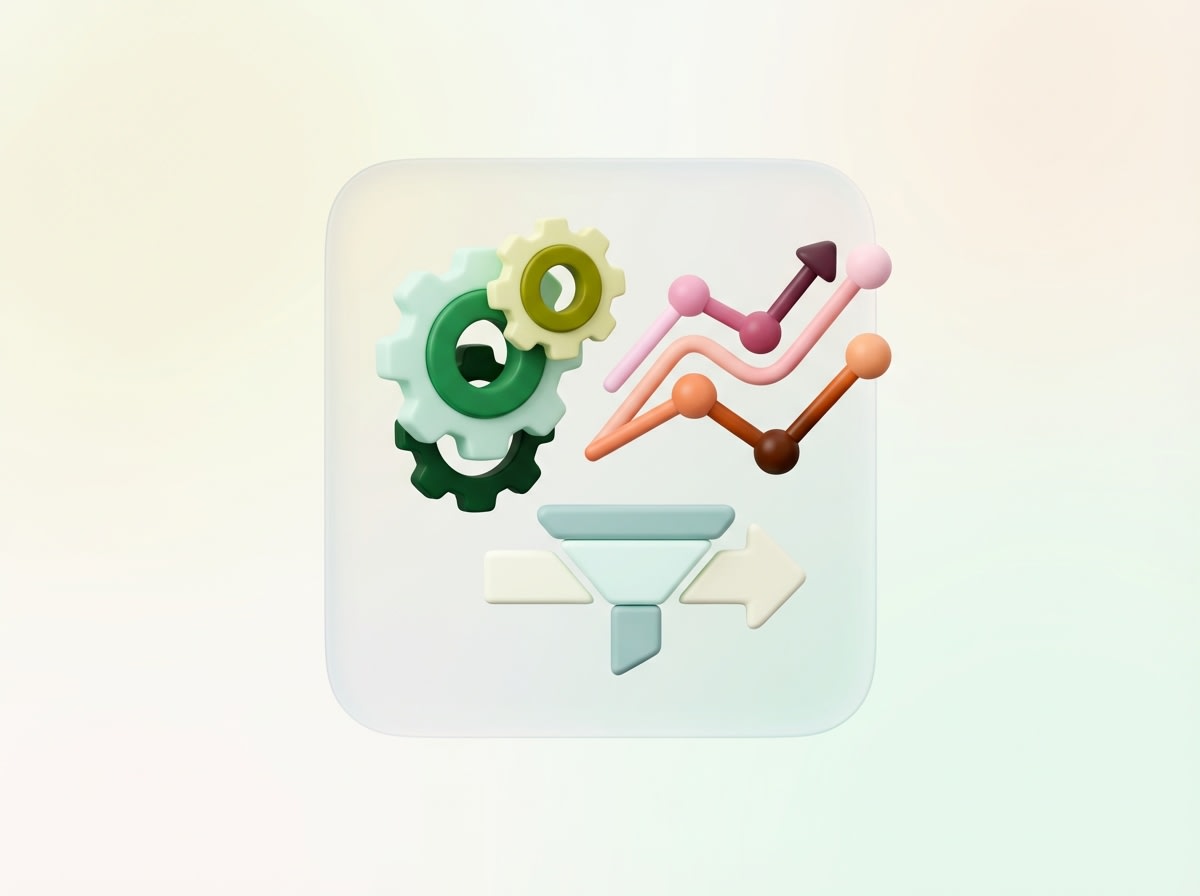 3D illustration of gears, performance charts, and a filter flow