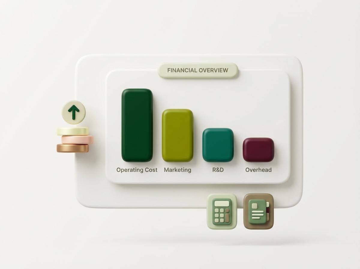 3D financial overview dashboard with bar charts showing operating cost, marketing, R&D, and overhead