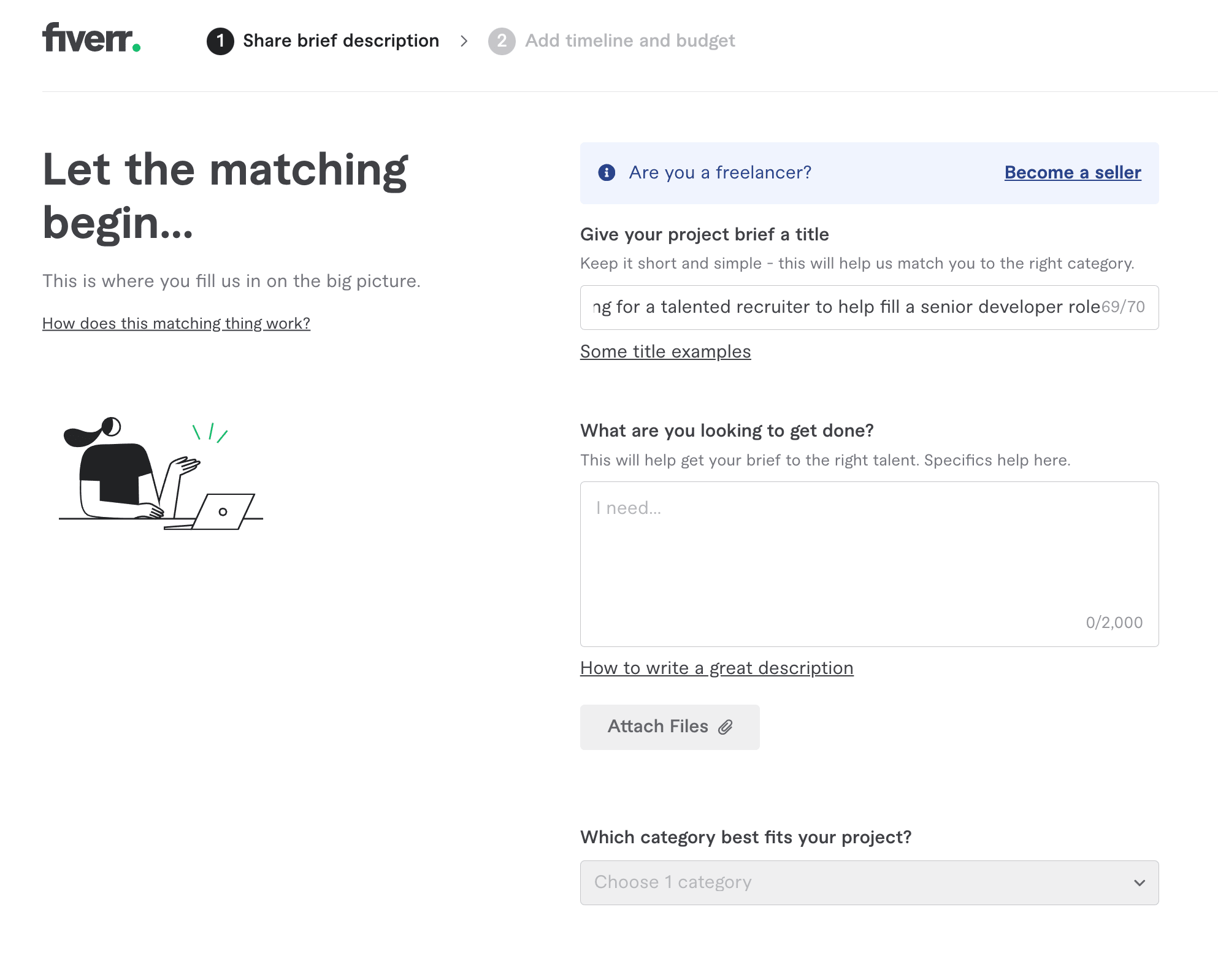 A brief on Fiverr with options to add a title, description, and category for recruitment project