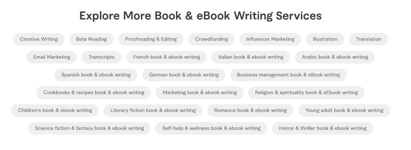 A screenshot showcasing various book and ebook writing services