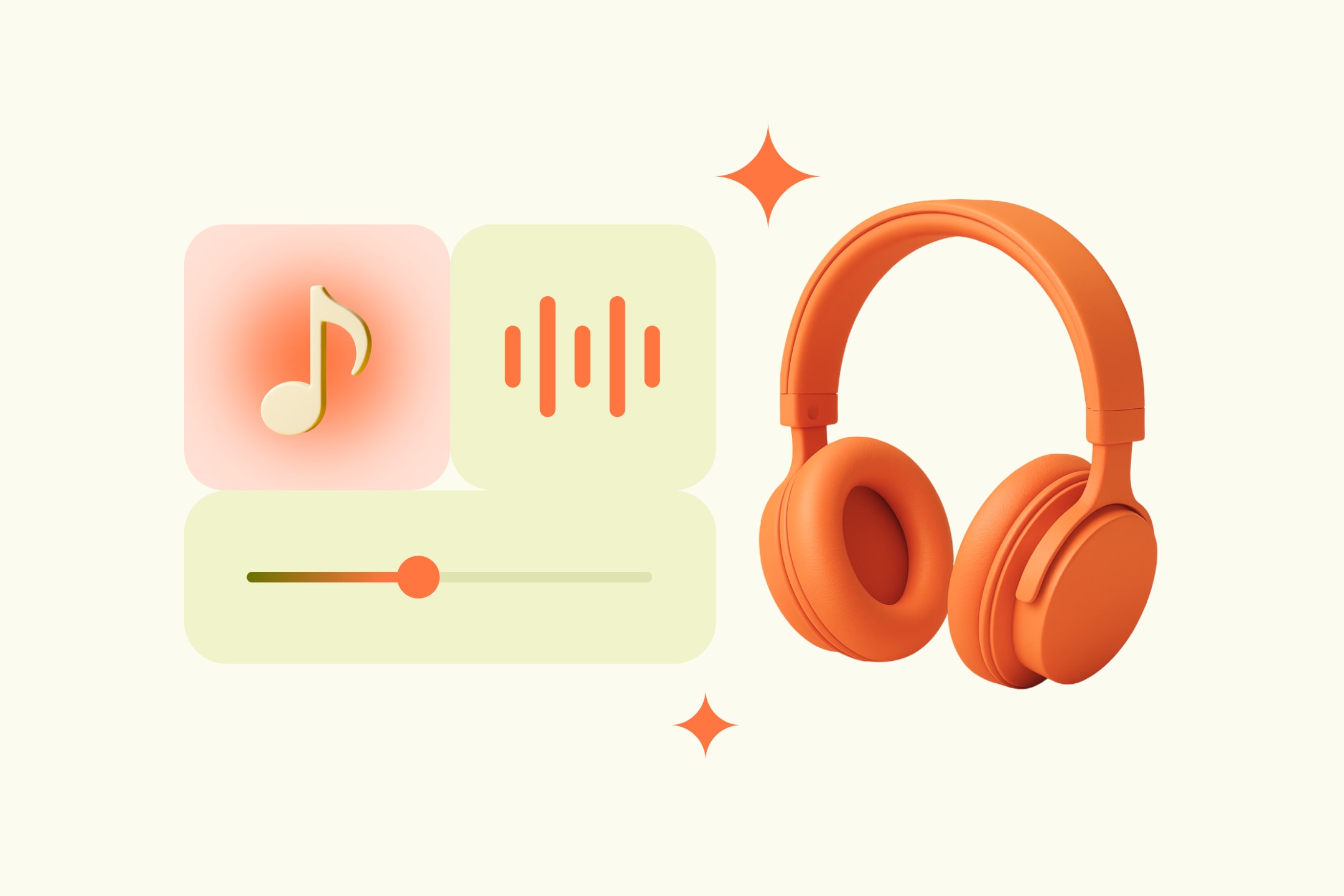 Orange headphones next to music and audio icons with a volume slider on a light cream background