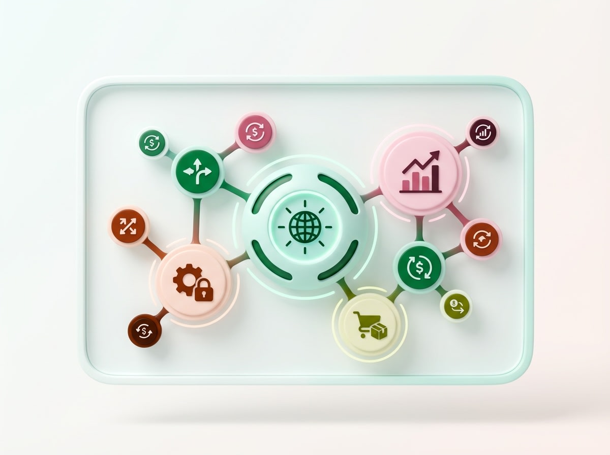 3D diagram of a connected business ecosystem with finance, security, growth, and e-commerce icons
