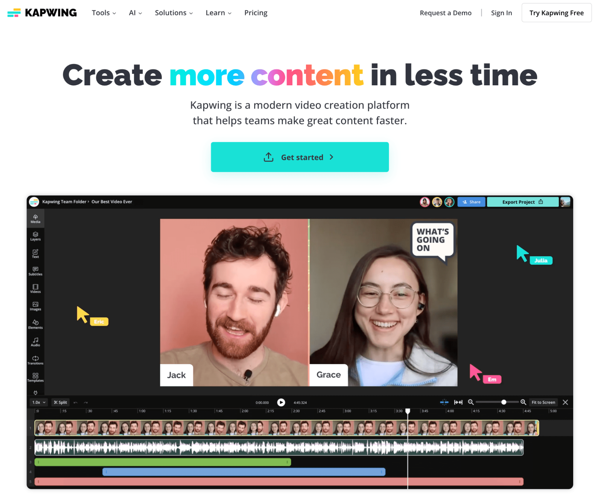 Kapwing homepage with editing window example