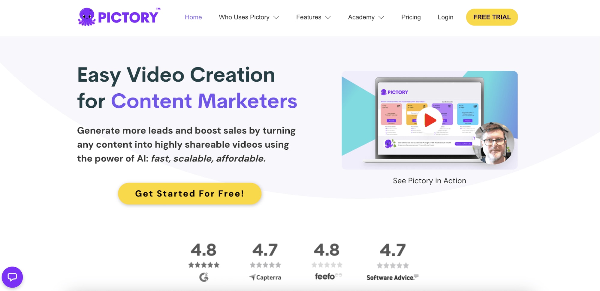 Pictory homepage promoting easy video creation