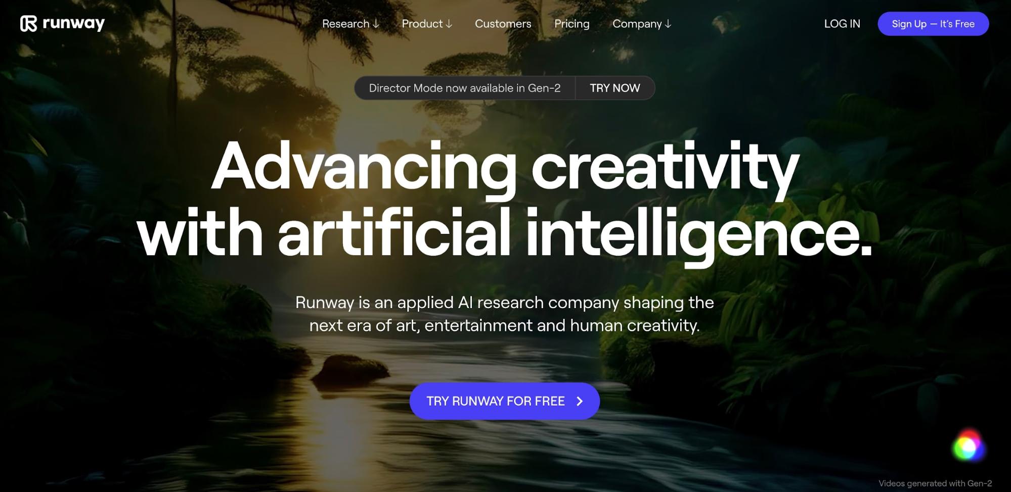 Runway homepage with messaging to try the editor for free