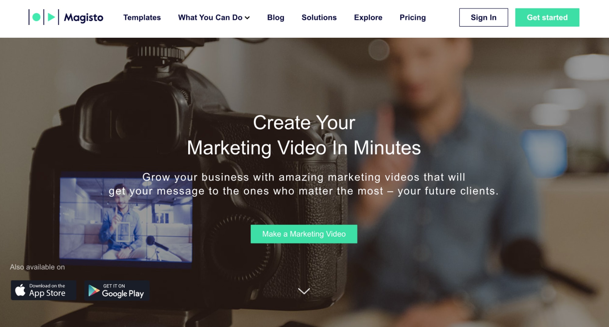 Magisto homepage with messaging for creating marketing videos