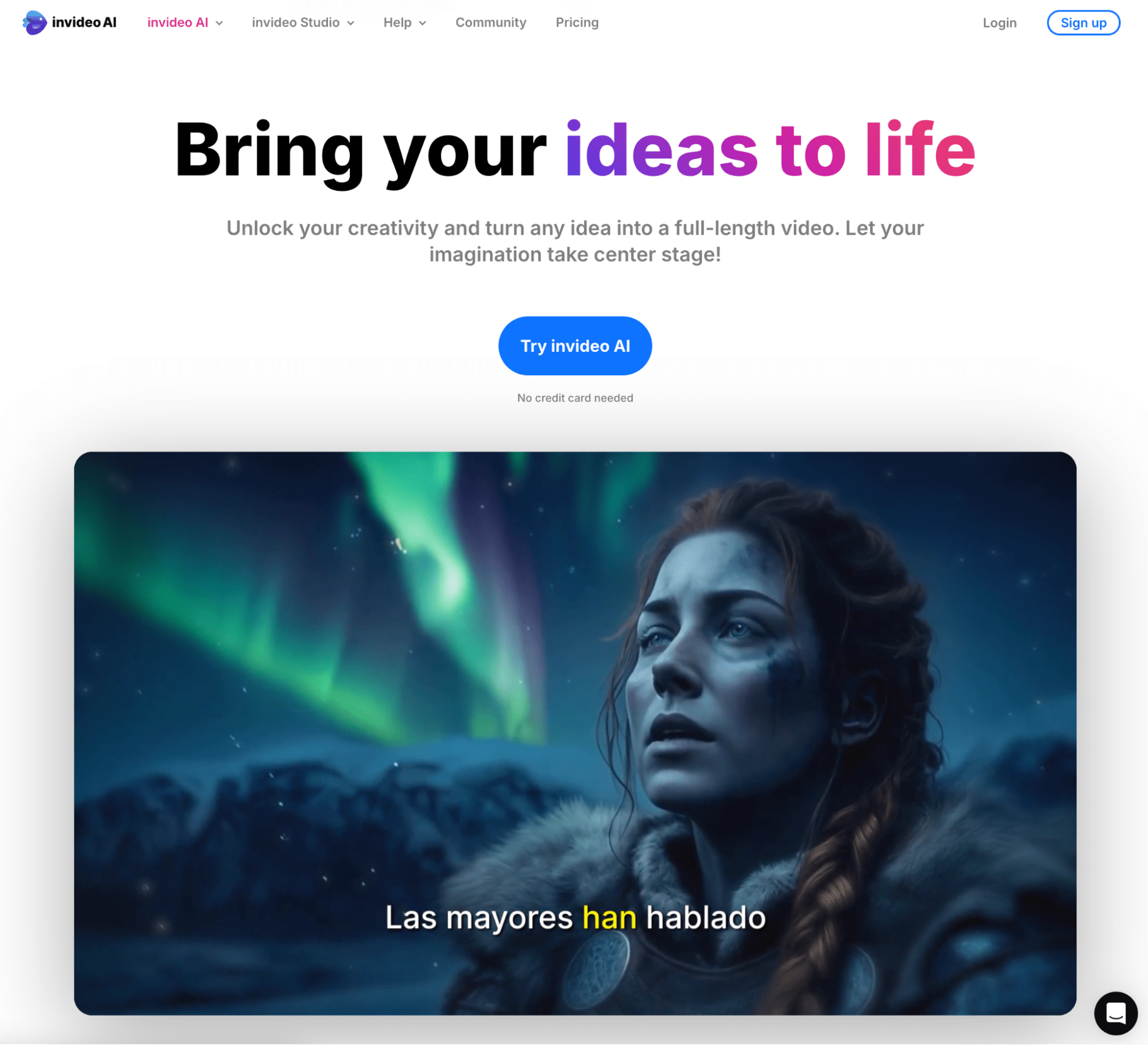 Invideo homepage with AI-generated video example