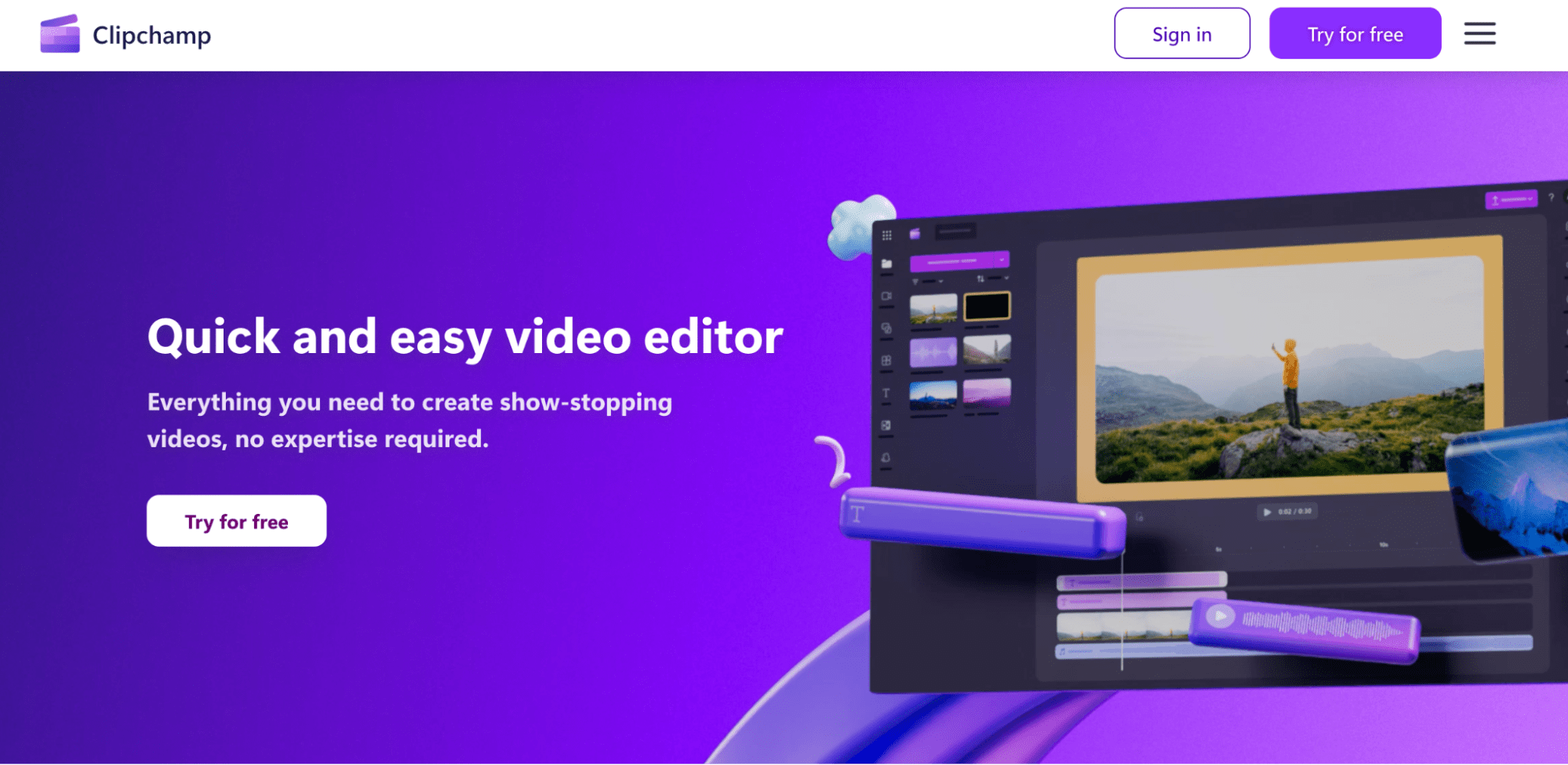 Clipchamp homepage with free account offer