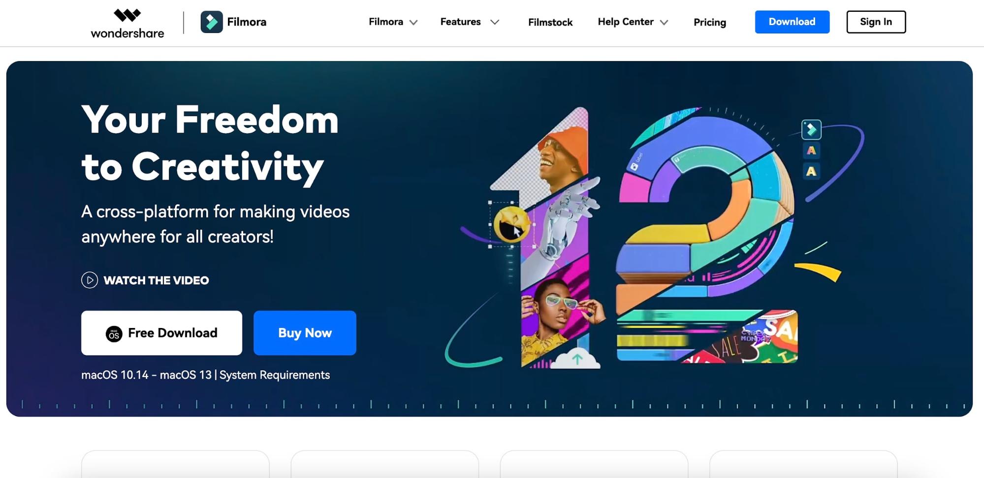 Filmora homepage with free download option
