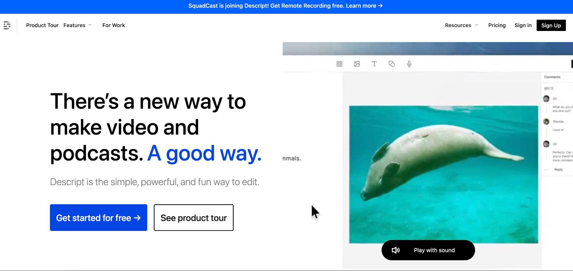 Descript homepage with editing window example