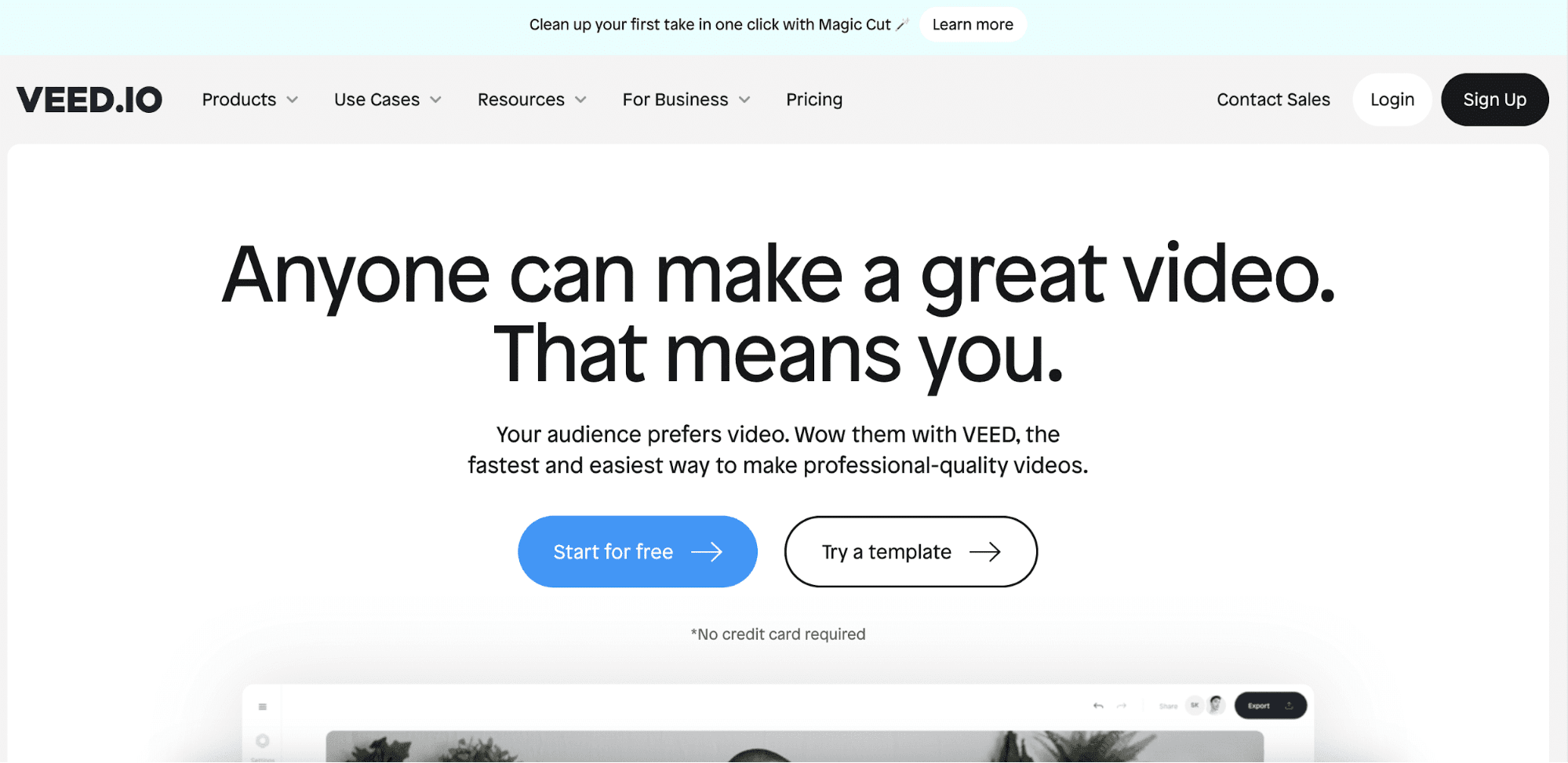 Veed homepage with option to start for free