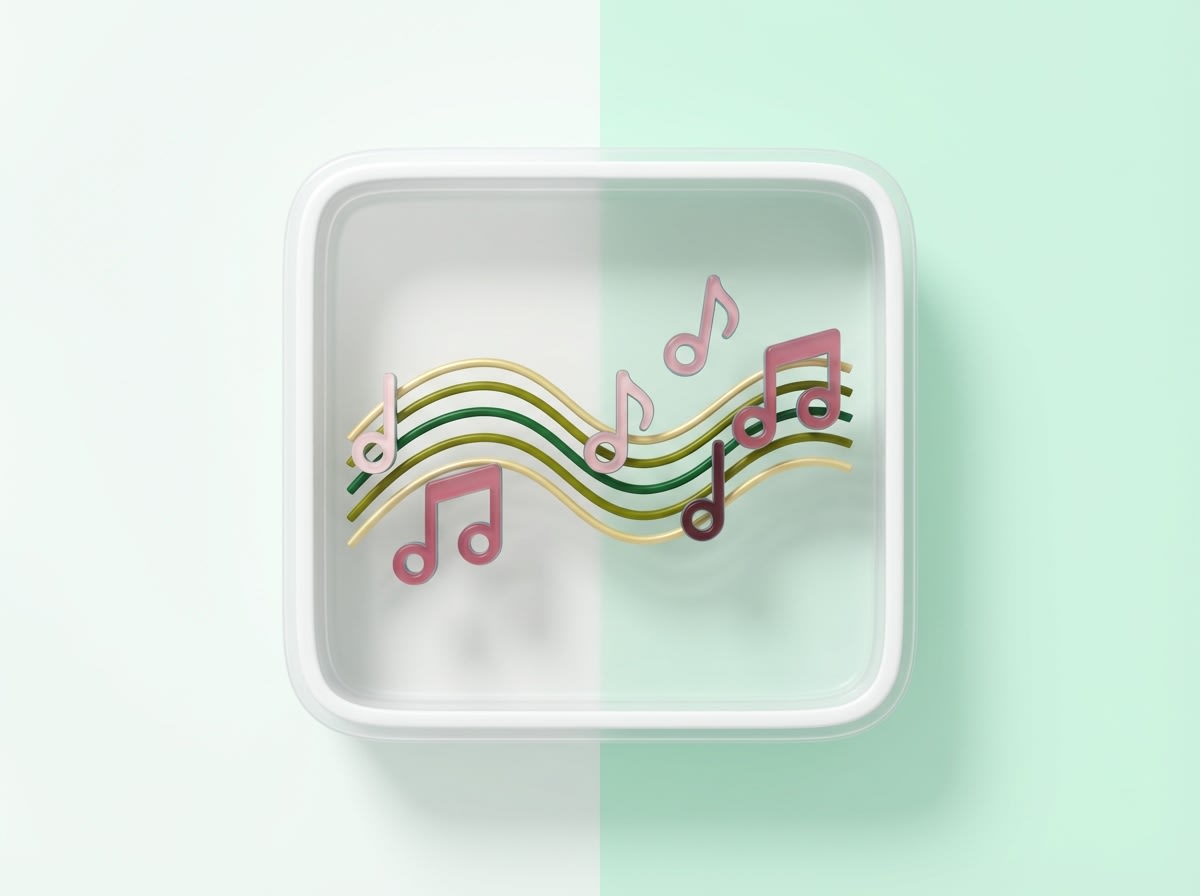 3D illustration of musical notes flowing along wavy staff lines inside a rounded frame