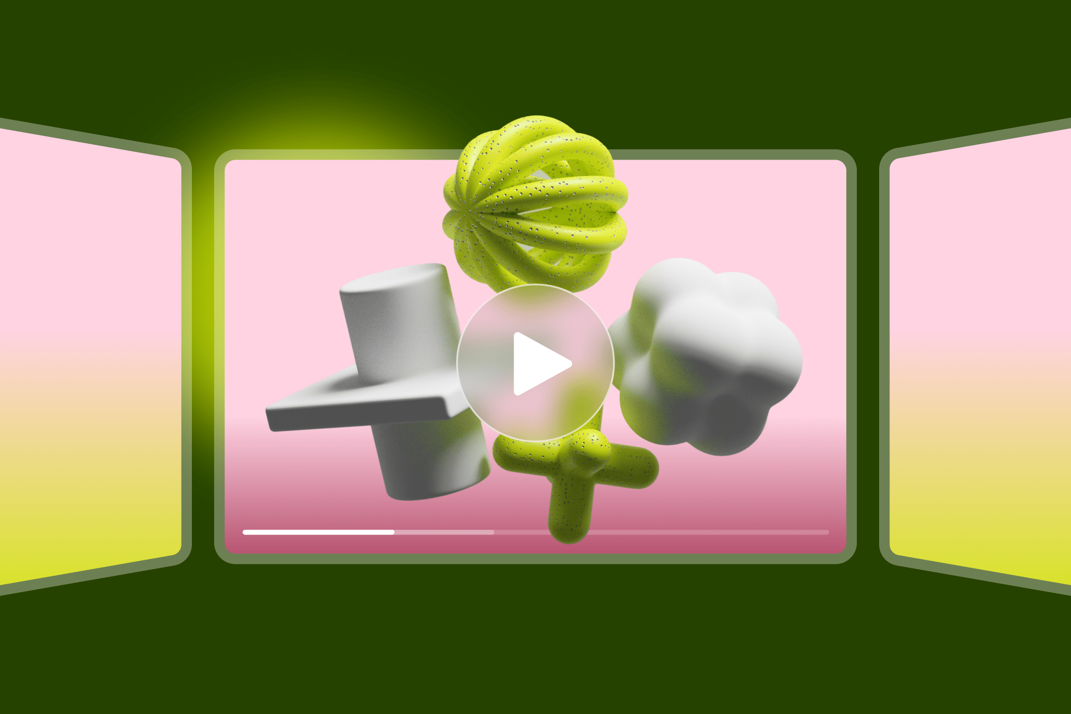 3D abstract shapes in green and white displayed on a video player interface with a pink background.