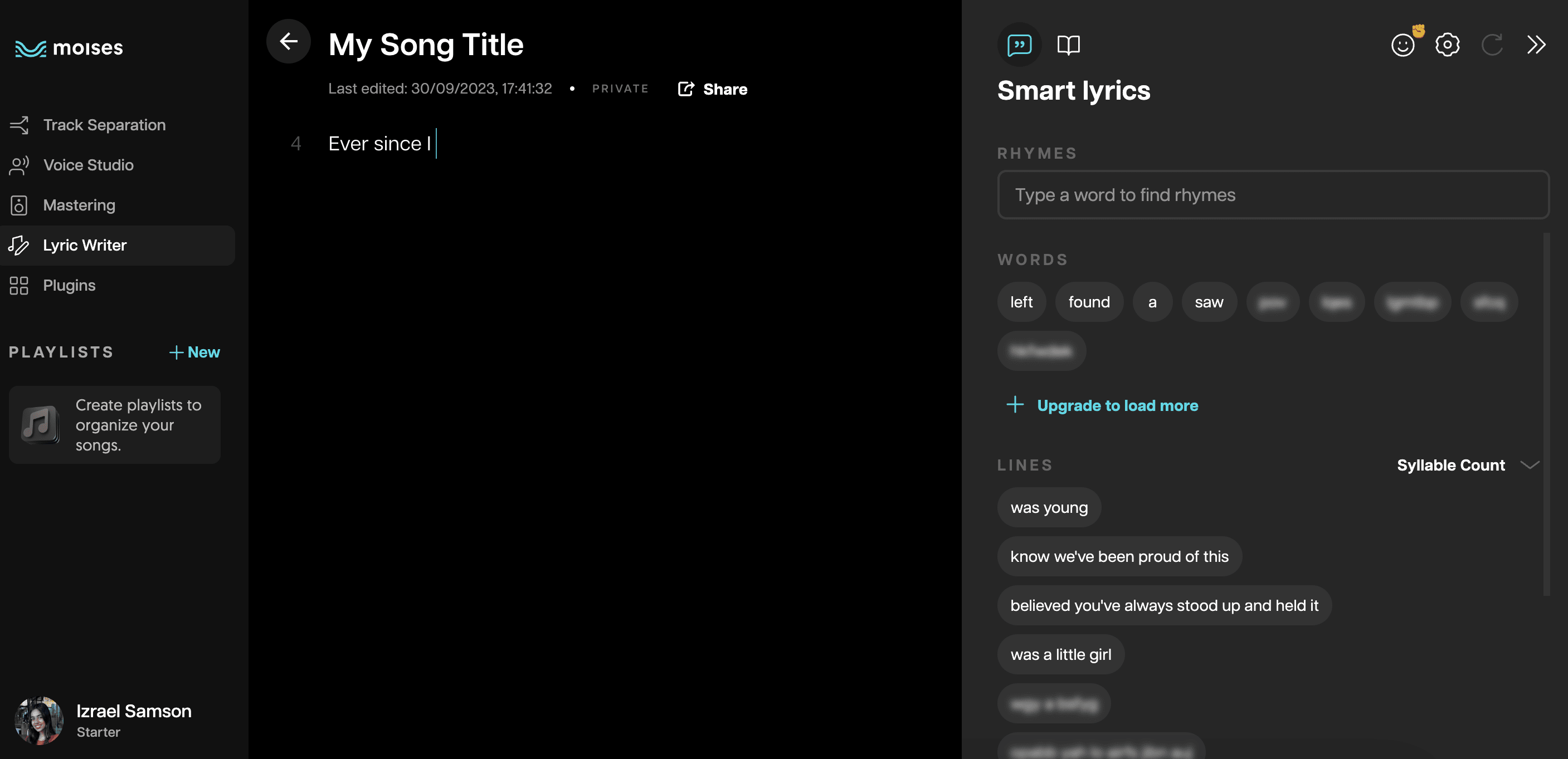 Lyric Writer notepad and smart lyrics suggestions