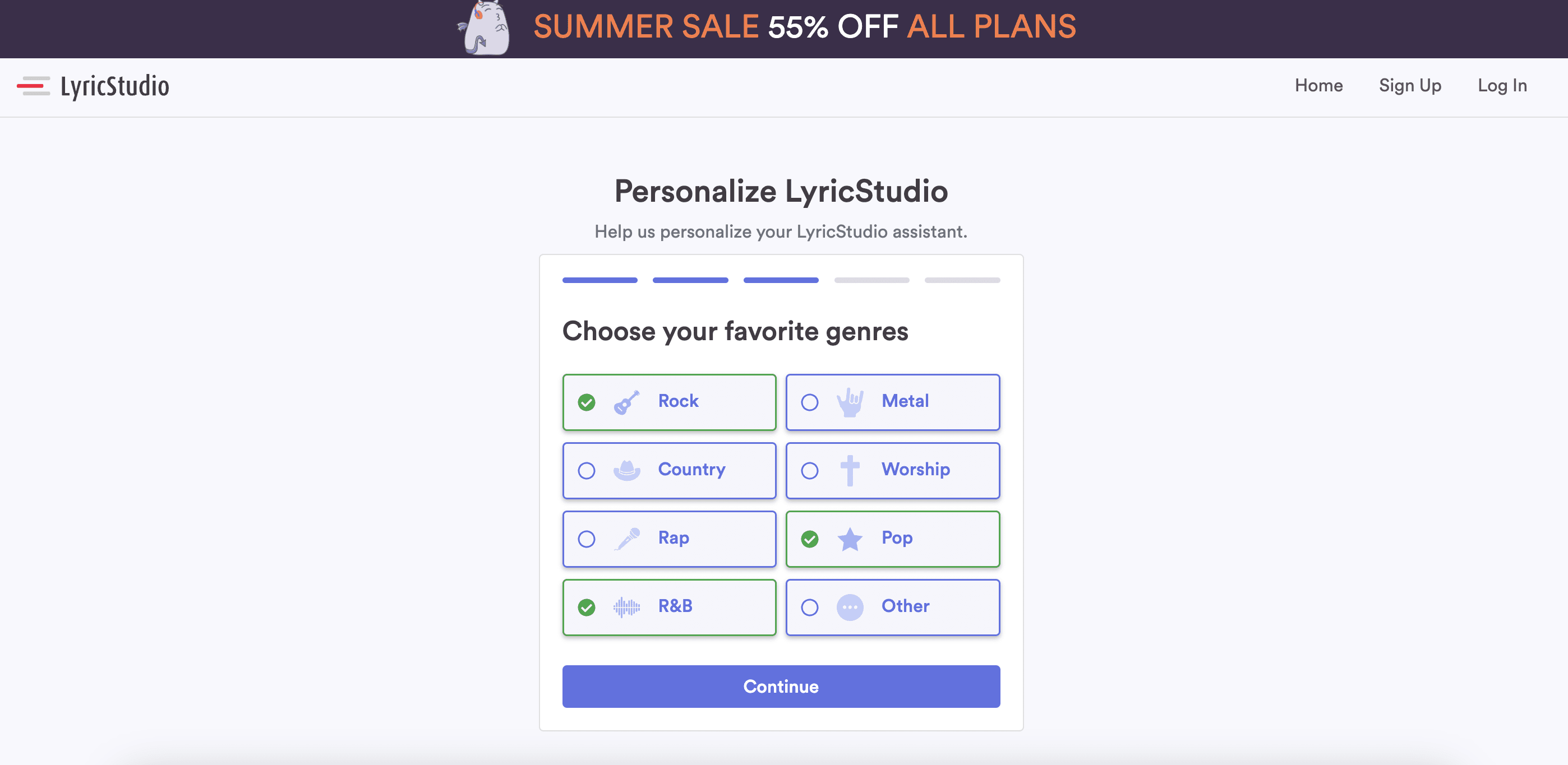 LyricStudio sign up form: choose genres