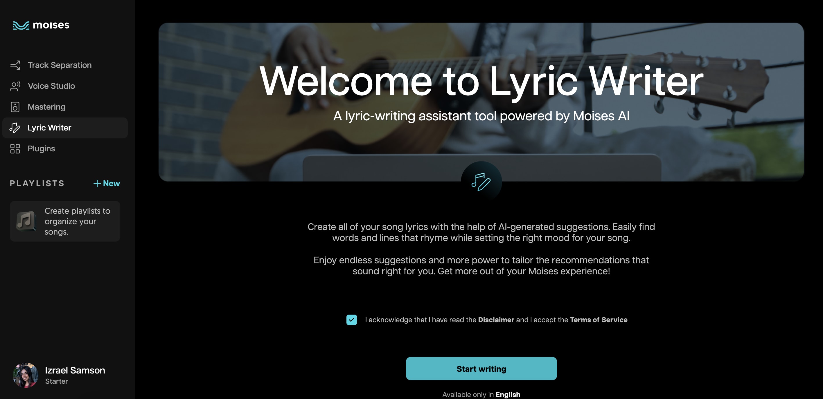 Lyric Writer dashboard.