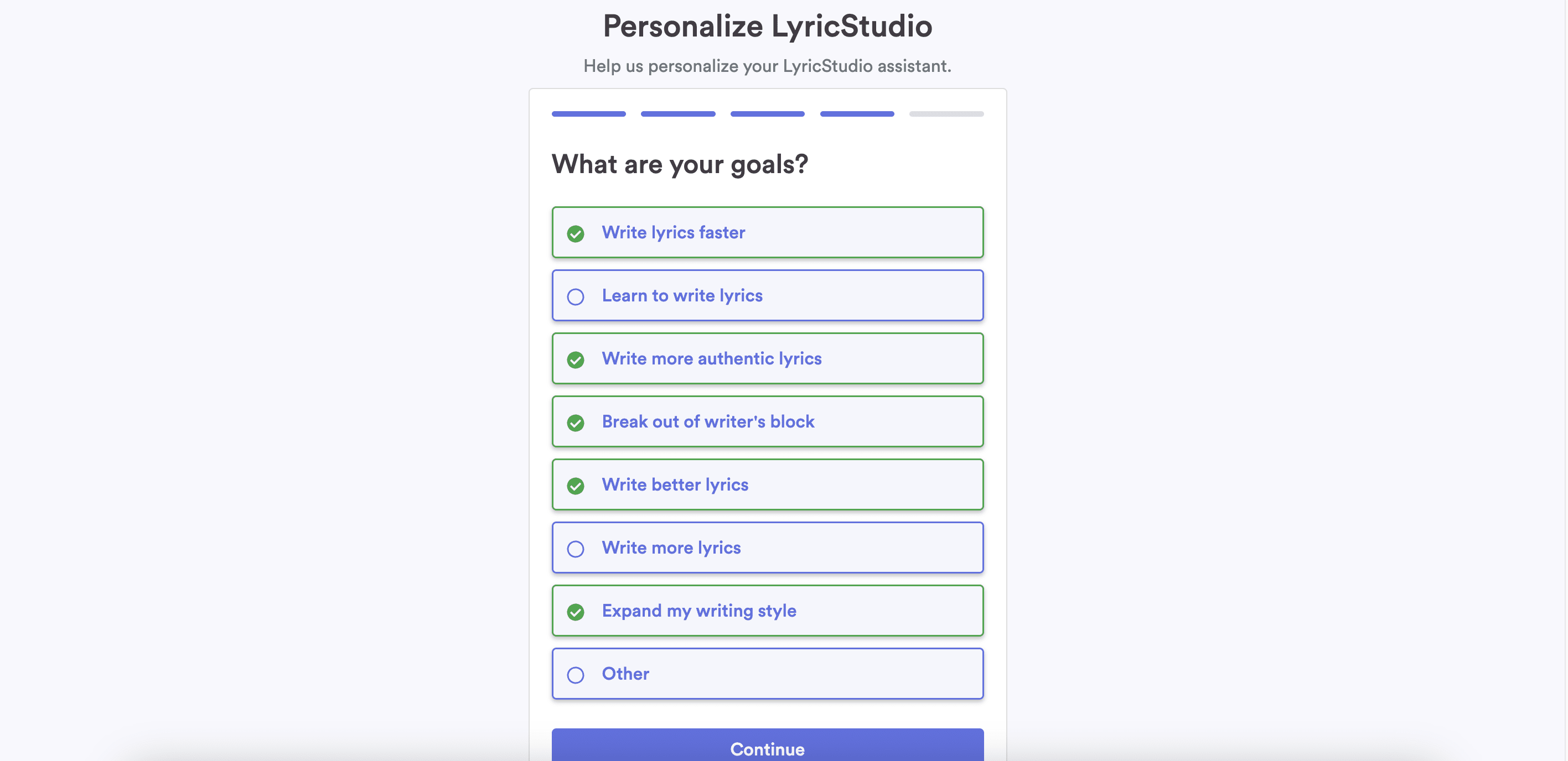 LyricStudio sign up form: choose goals