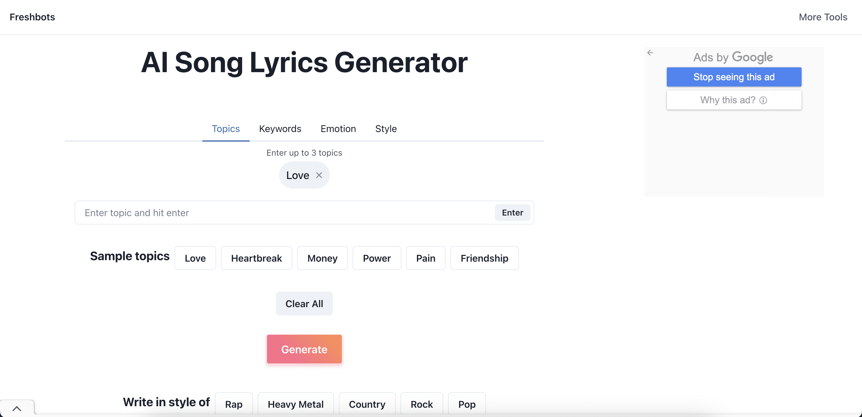 Freshbots AI song lyrics generator.