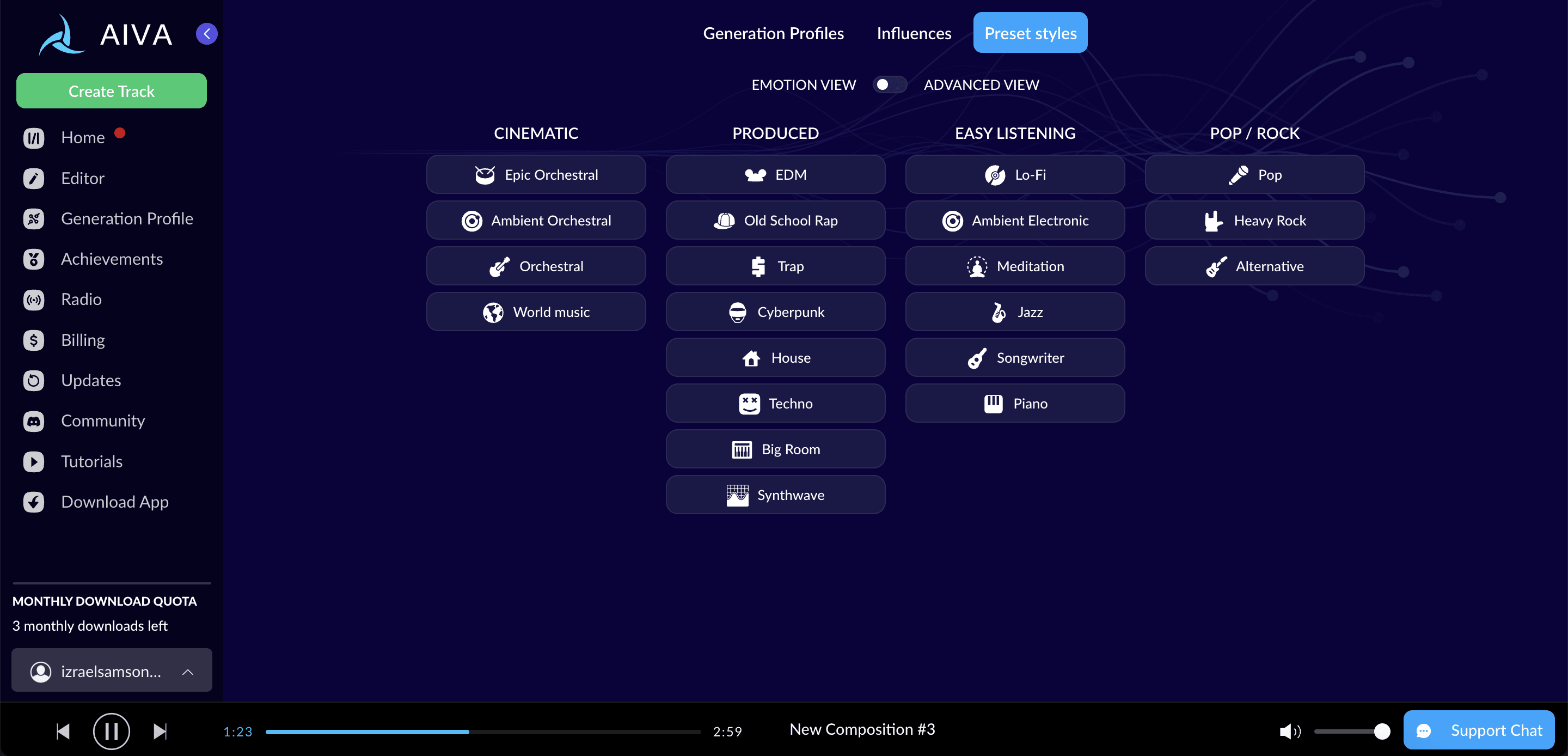 Create a song through presets on AIVA