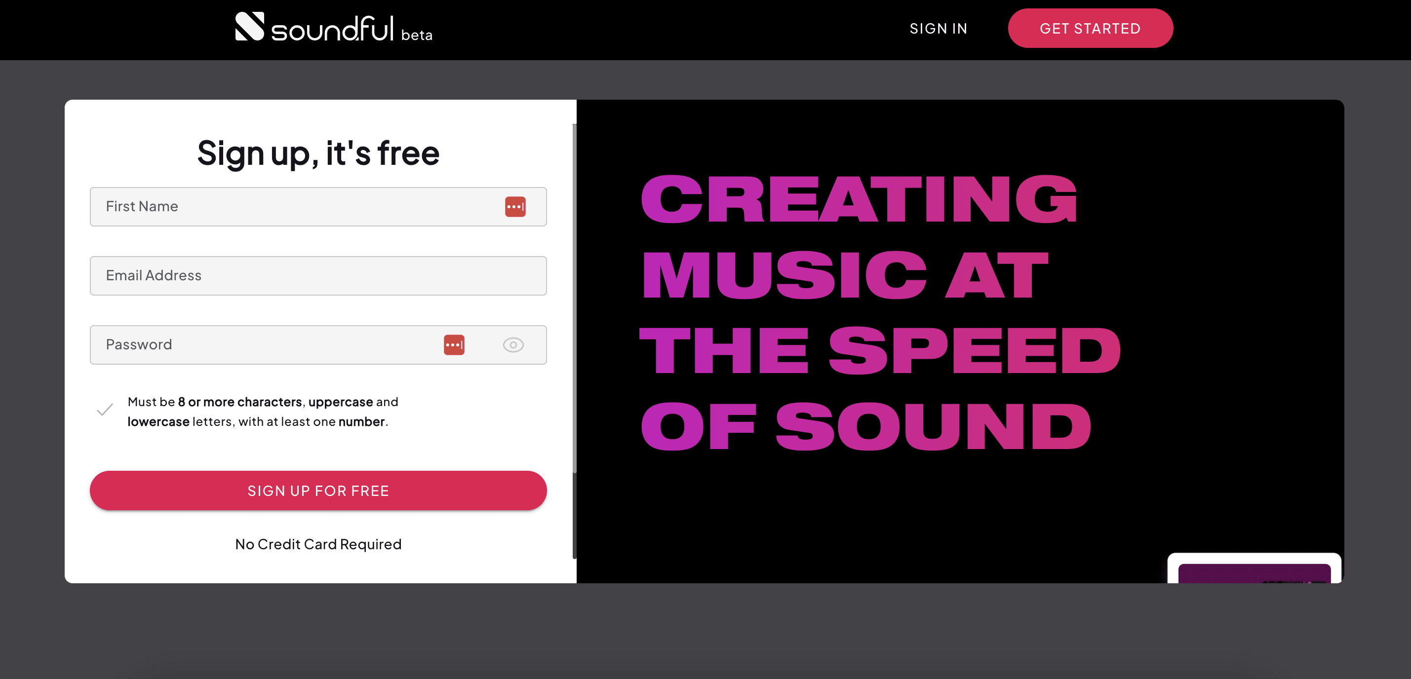 Sign up page on Soundful