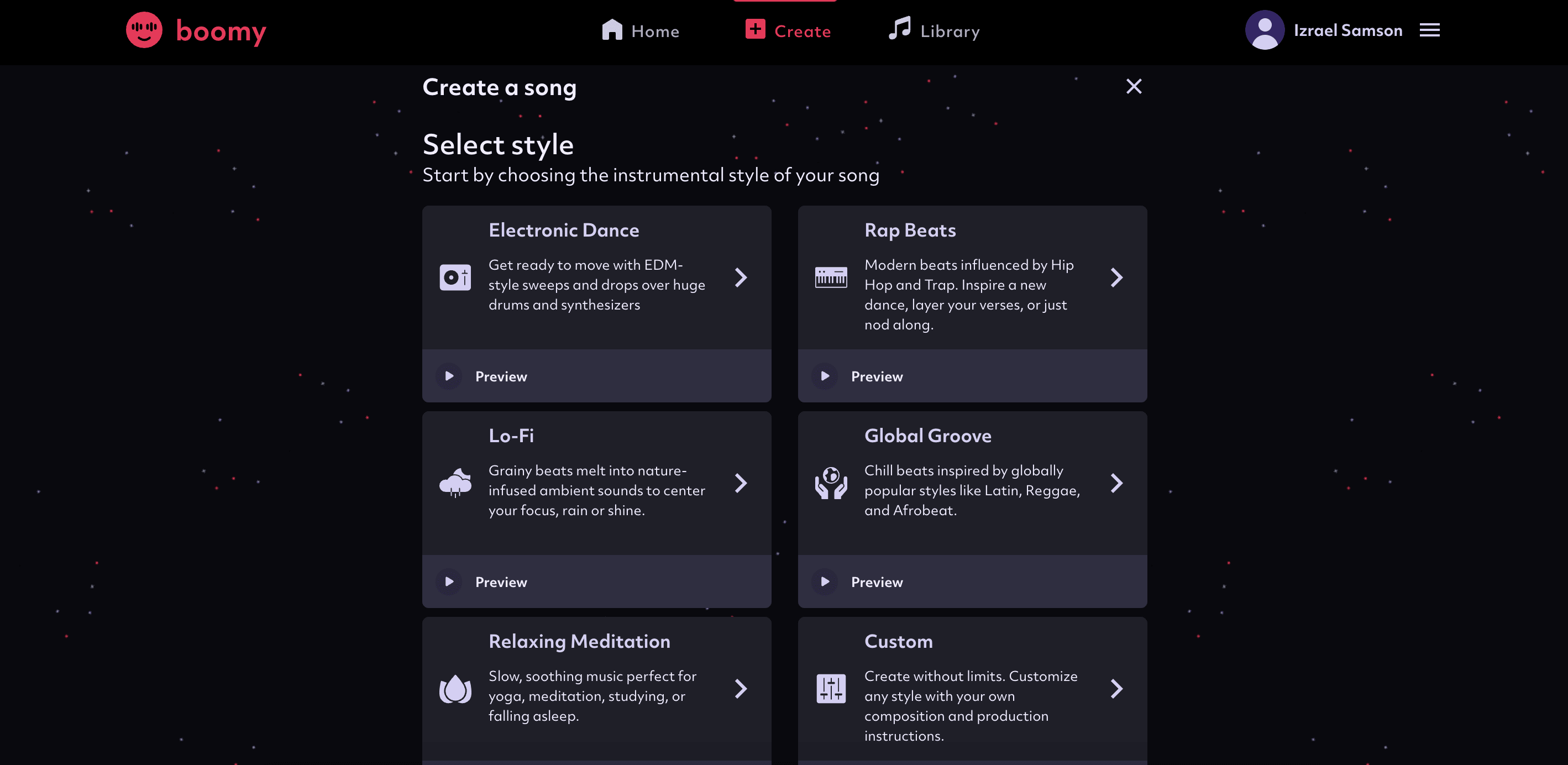 Create song and select style category on Boomy