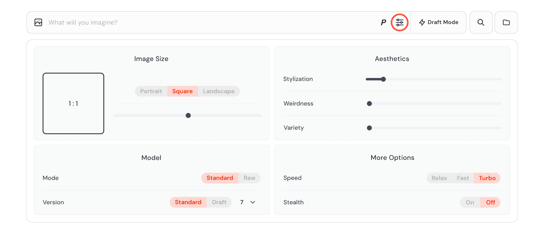 The Midjourney web app’s parameters