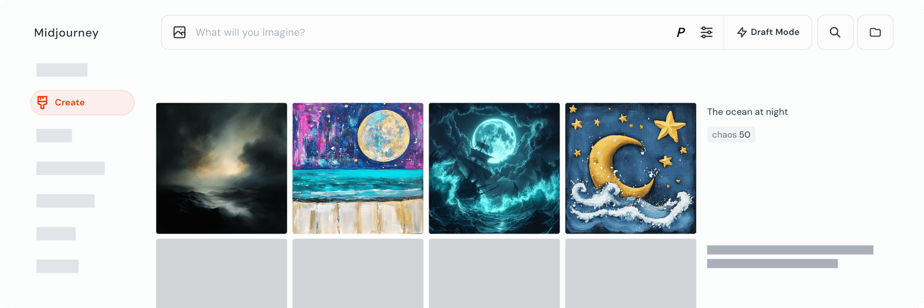 The Create feed in the Midjourney web app