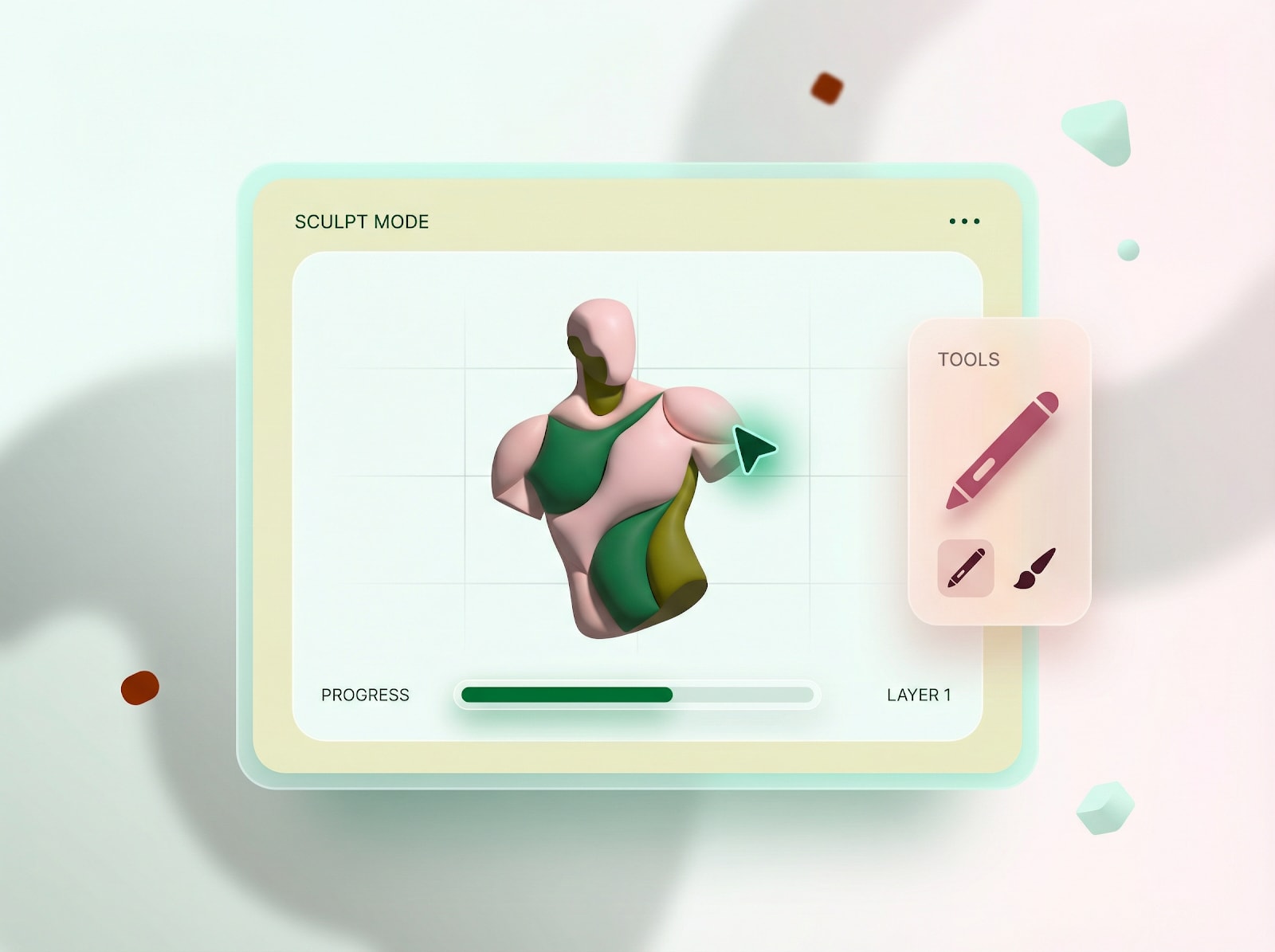 3D sculpting interface showing a character bust, tool panel, and progress bar