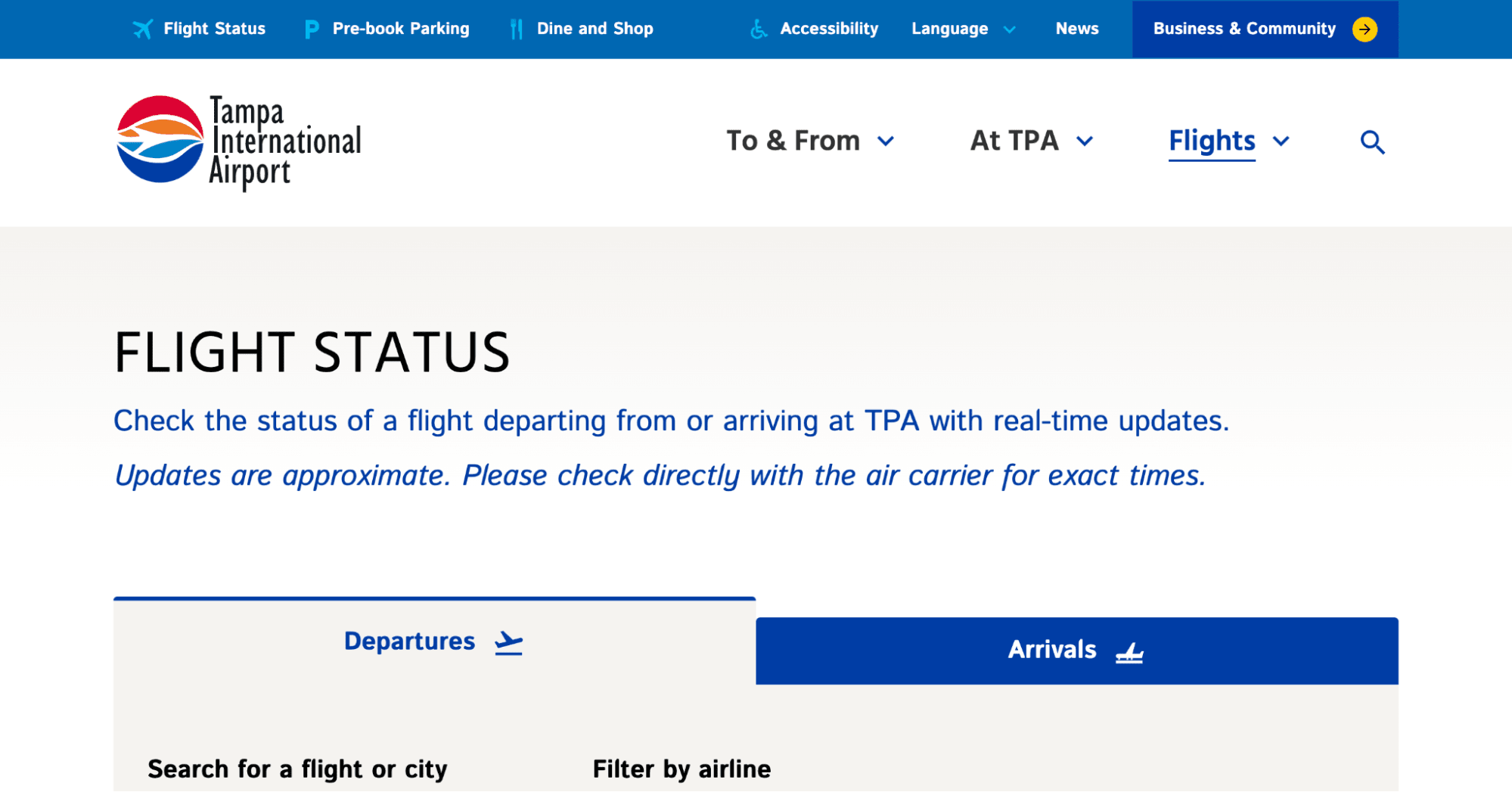 Tampa International Airport website running Drupal
