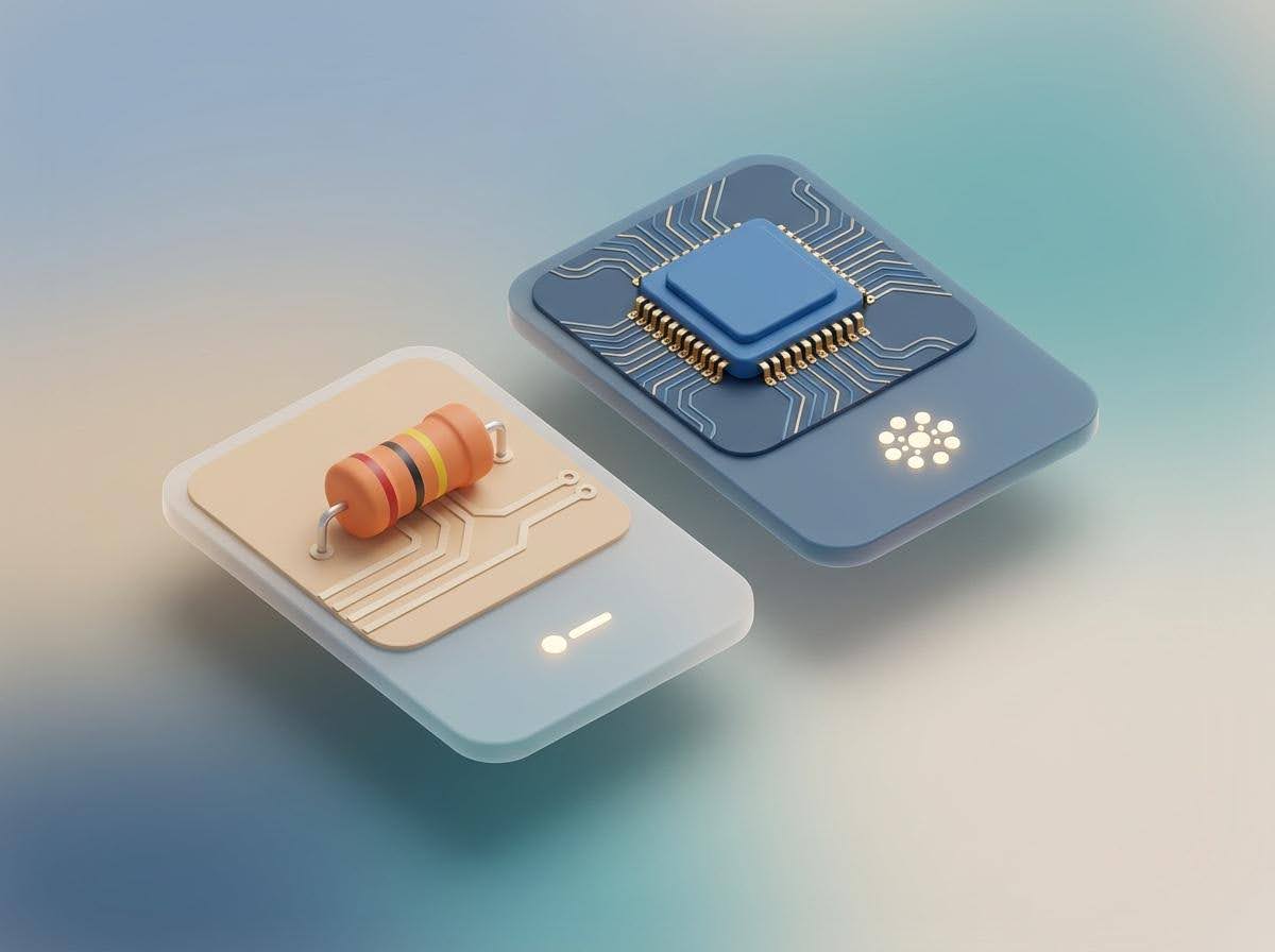 3D illustration of a resistor and microchip mounted on stylized circuit boards