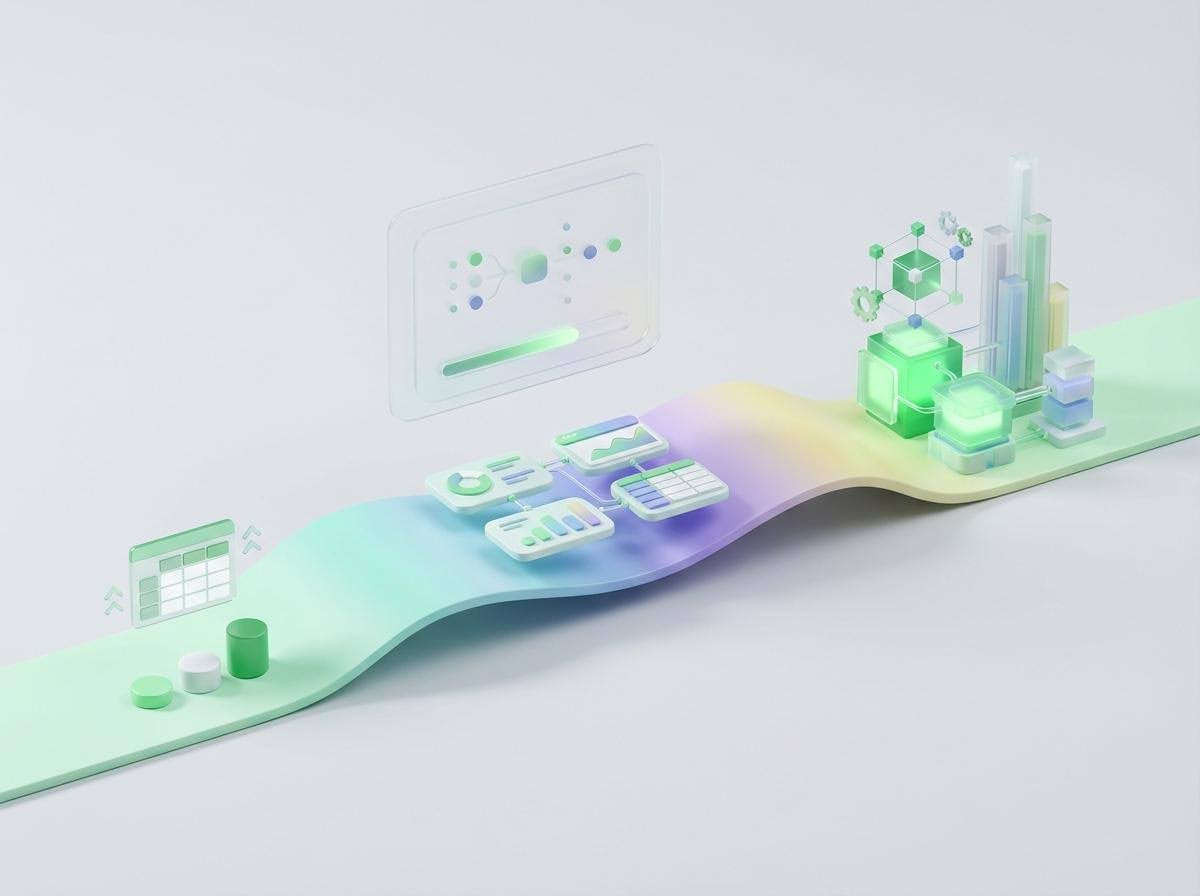 3D illustration of a digital workflow showing data dashboards, analytics tools, and system integration across a connected process