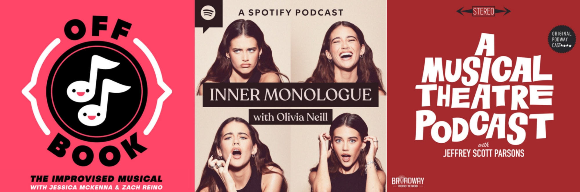 Three podcast covers for Off Book, Inner Monologue, A Musical Theatre Podcast
