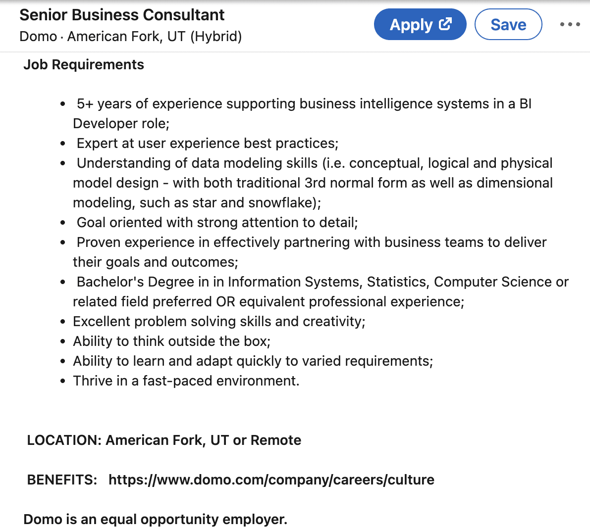 Example of a business consulting job description on Linkedin