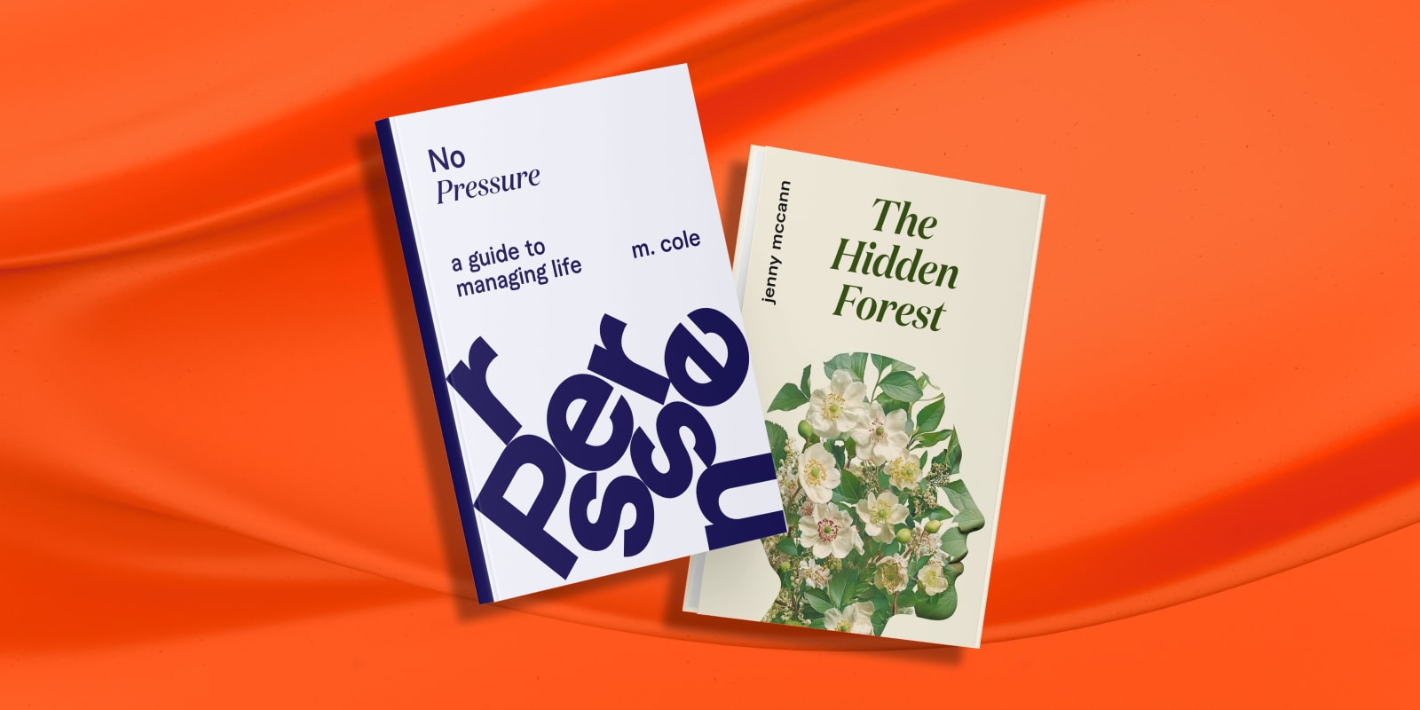 Two book covers with distinct designs on an orange background Two book covers with distinct designs on an orange background