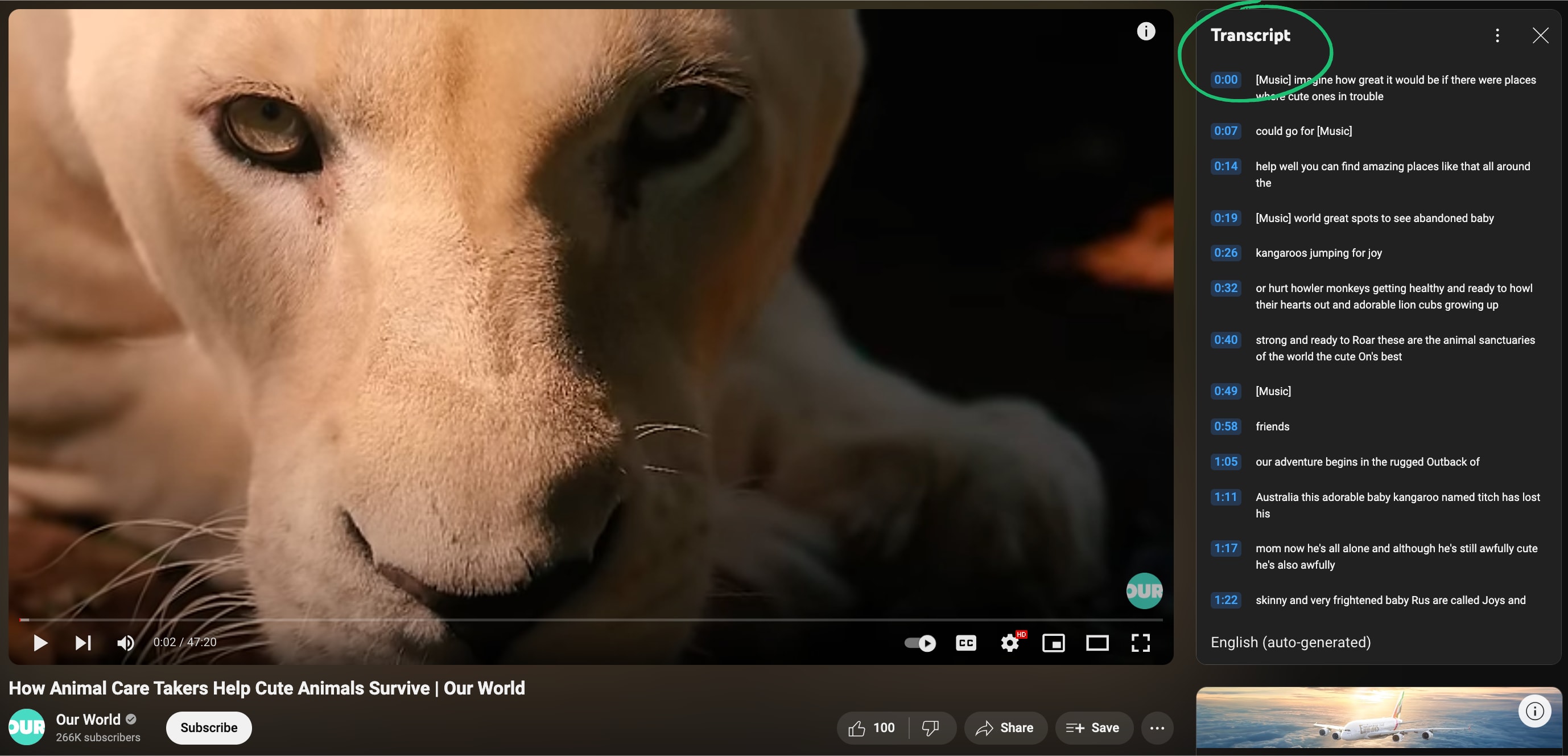 YouTube channel Our World includes transcripts with their videos.