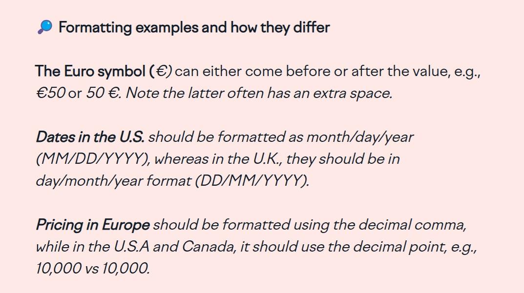 Examples of formatting differences in currency, dates, and pricing across regions
