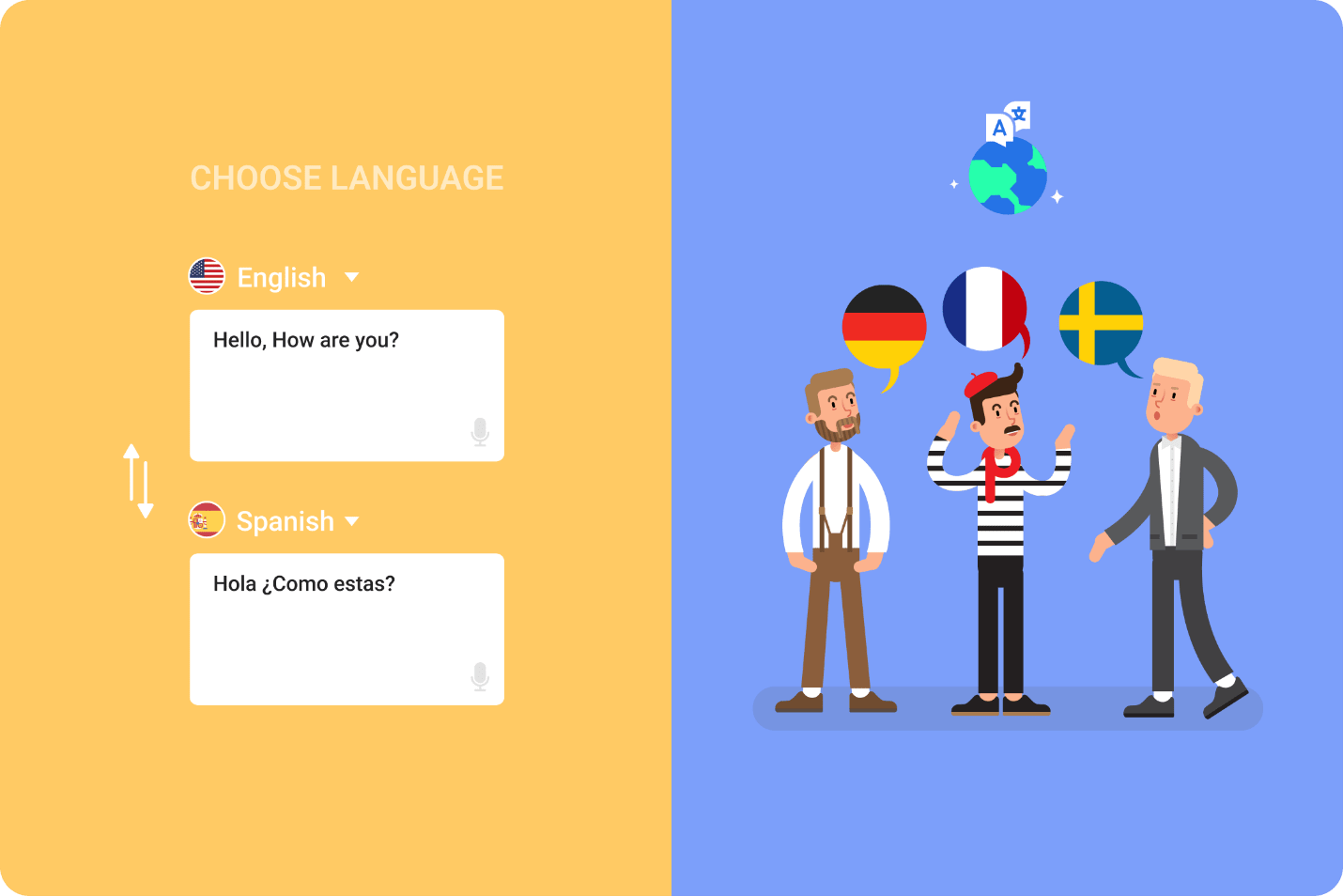 A split screen with English-to-Spanish text on the left and multilingual characters on the right