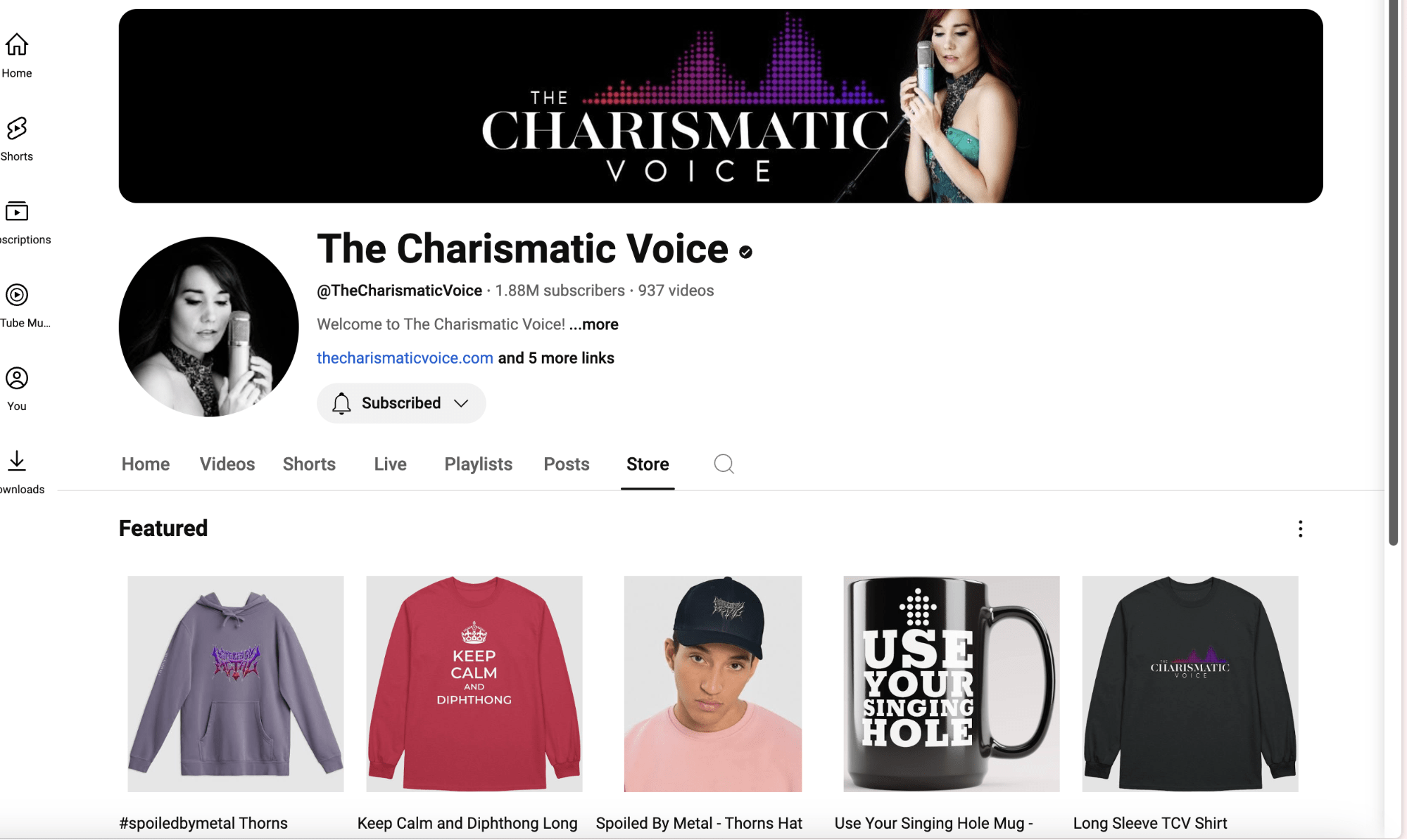 The Charismatic Voice YouTube channel Store options
