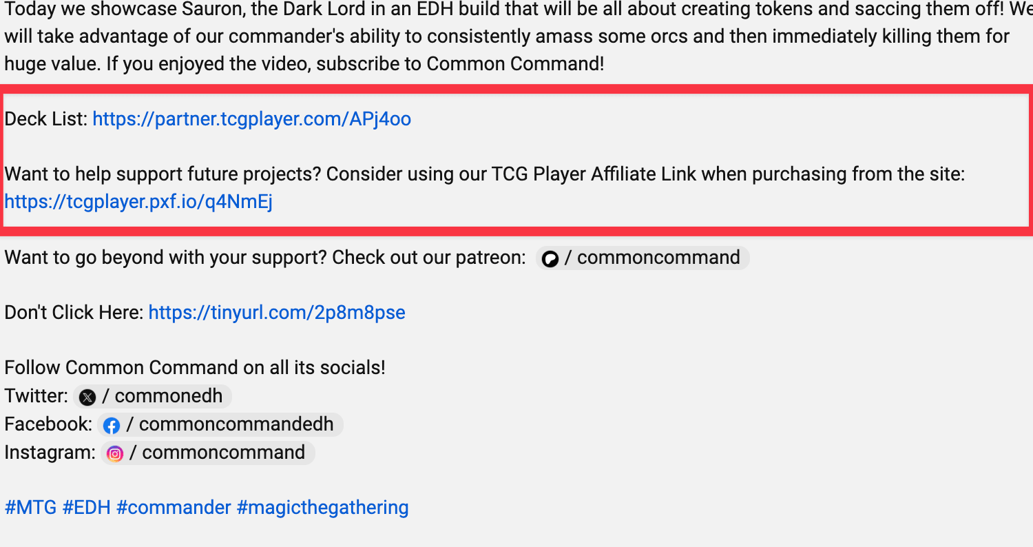 CommonCommand YouTube video description with affiliate link highlighted